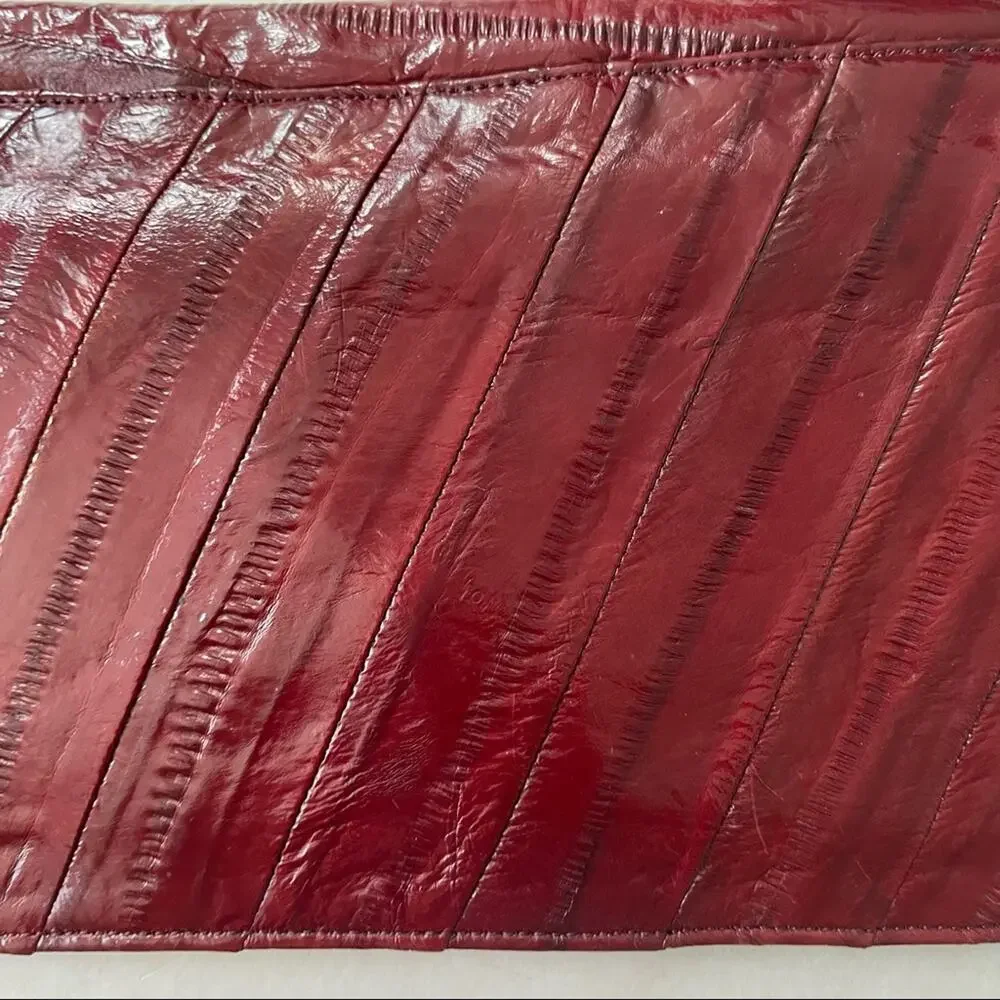 Vintage 1970s Eel Skin Clutch Bag Foldover Deep Red GUC
